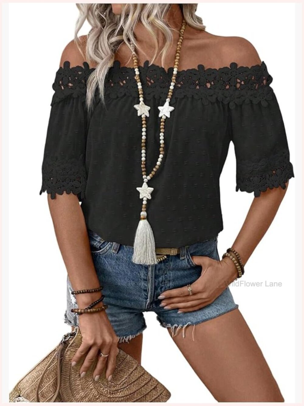 Off the Shoulder Lace Swiss Dot Blouse Half Sleeve Dressy Casual Tops